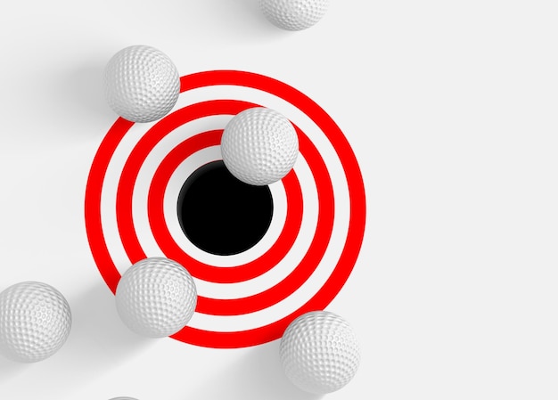 Pelotas de golf y agujero. Imagen 3d conceptual con pelotas de golf y agujero