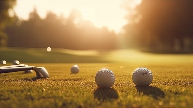 Pelotas de golf en el césped frente a un campo verde