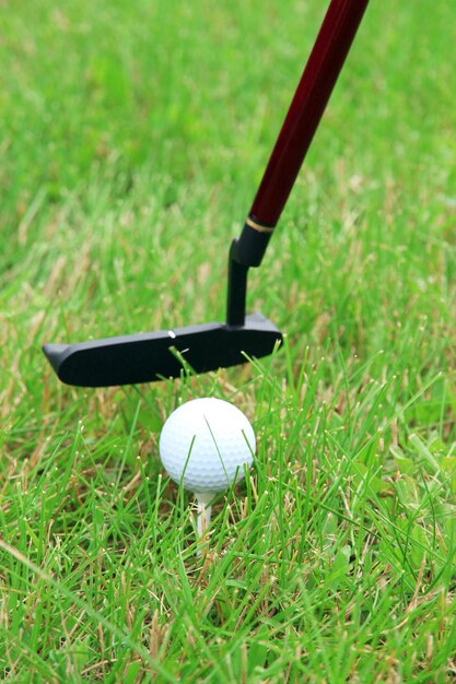 Pelotas de golf y conductor en la hierba verde de cerca al aire libre