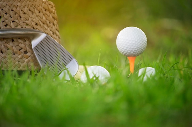 Pelotas de golf y palos de golf, así como equipos utilizados para jugar al golf en hierba verde