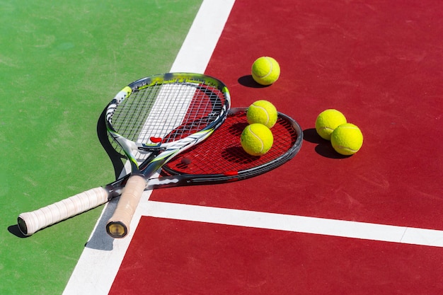 Pelotas de tenis y raquetas en la cancha de césped