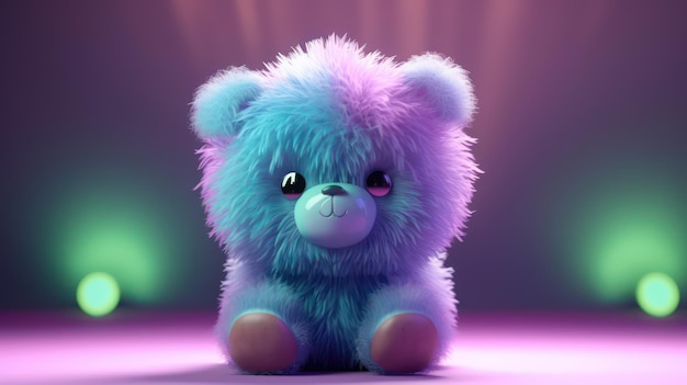 Un peluche azul y morado con un fondo rosa y morado.