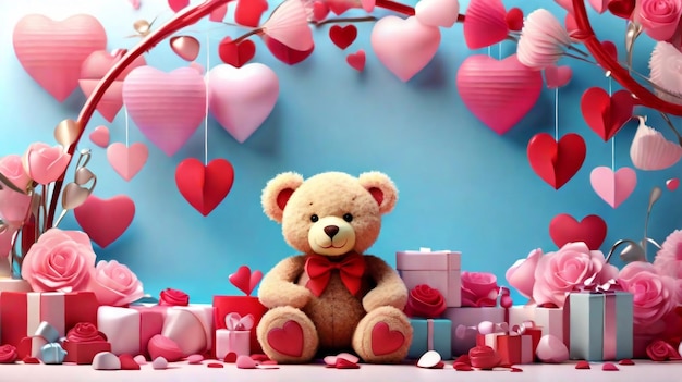 Un peluche con el fondo romántico de San Valentín y el concepto de rosas por el día del peluche