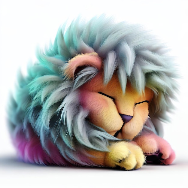 Un peluche con una melena de colores y una cola que dice "el león".