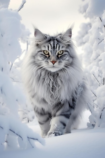 Un peludo gato Maine Coon en la nieve