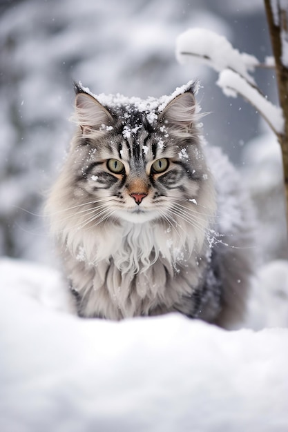 Un peludo gato Maine Coon en la nieve