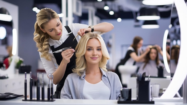 La peluquera está peinando a una mujer rubia en un salón de belleza.