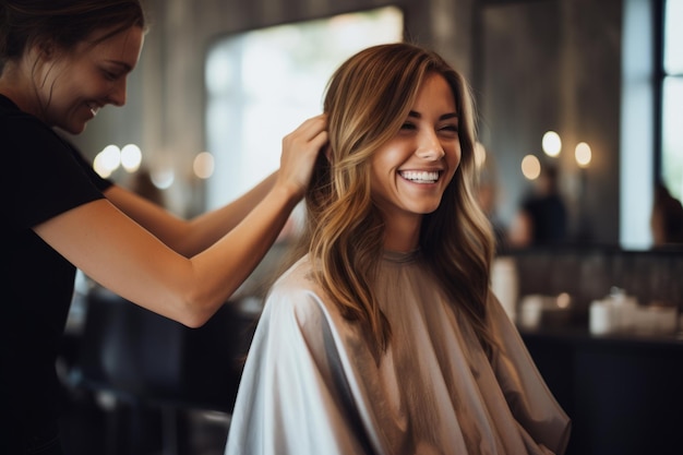 La peluquera está de pie y peinando a una joven encantadora en el salón de belleza.