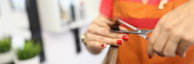 Peluquería mujer sostiene el cabello y muele sus puntas