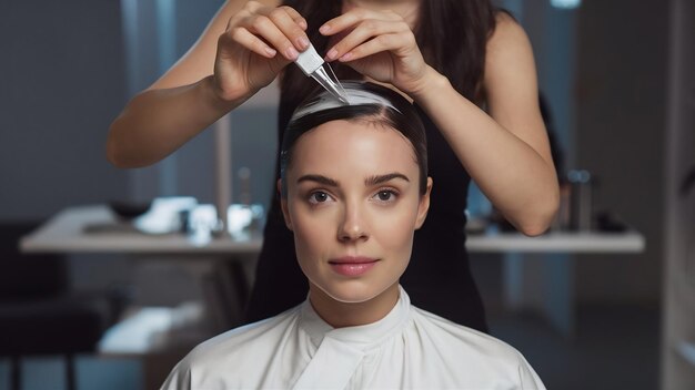 Foto el peluquero aplica una máscara para el cabello a la mujer en el salón de belleza