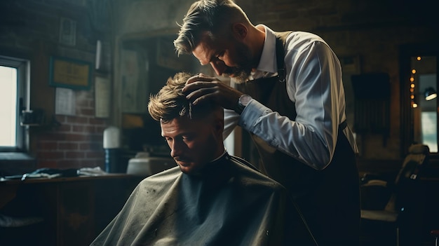 Un peluquero corta el cabello de un hombre con tijeras en una barbería