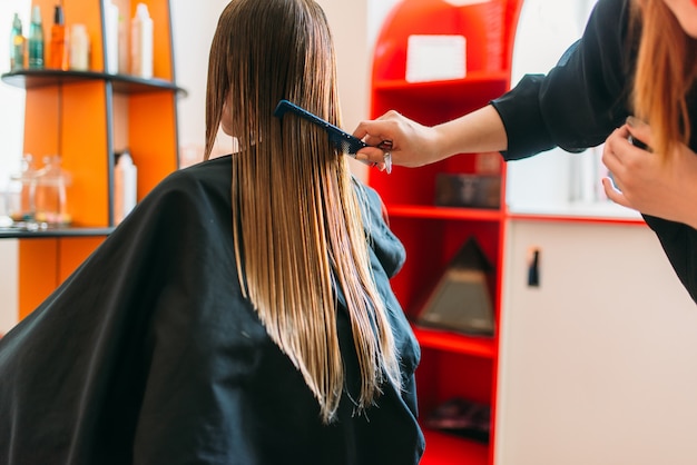 Peluquero ejecuta el peine, clienta en salón de peluquería.