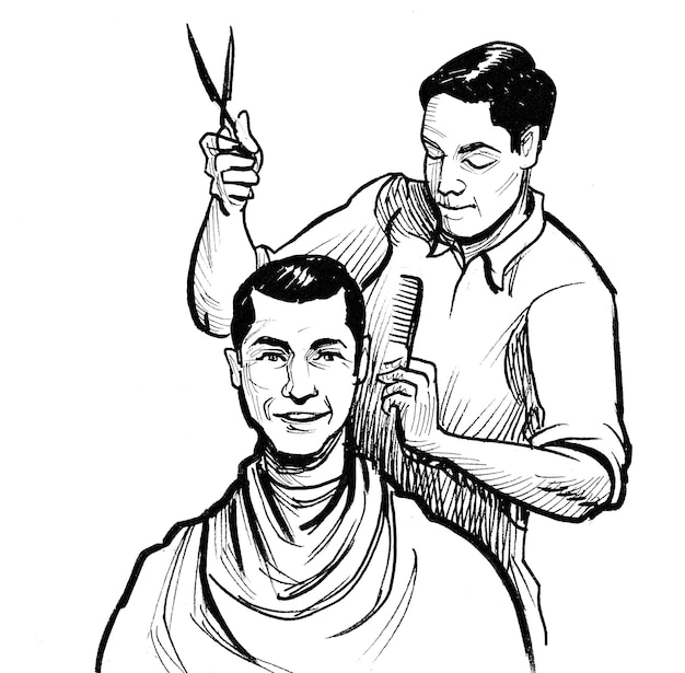 Peluquero haciendo corte de pelo al cliente. Dibujo a tinta en blanco y negro