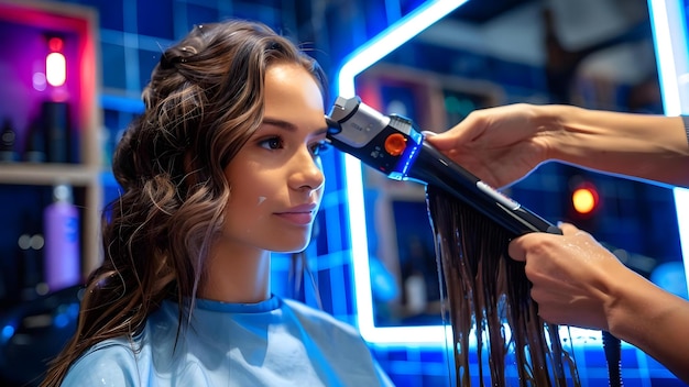 Foto peluquero irreconocible que usa hierro de enderezamiento de queratina en clientes morenas cabello dañado concepto cuidado del cabello tratamiento con queratina daño del cabello ferramentas de peinado servicios de salón profesional