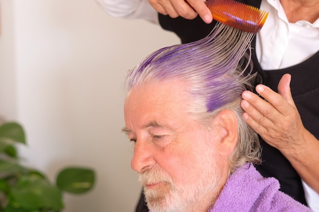 El peluquero profesional aplica un color púrpura especial para eliminar el color amarillo del cabello blanco.