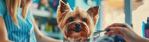 Foto el peluquero profesional sonriendo mientras sostiene un peine y peluquea a un lindo perro pequeño en un salón de mascotas bien iluminado que destaca el cuidado atento y la limpieza
