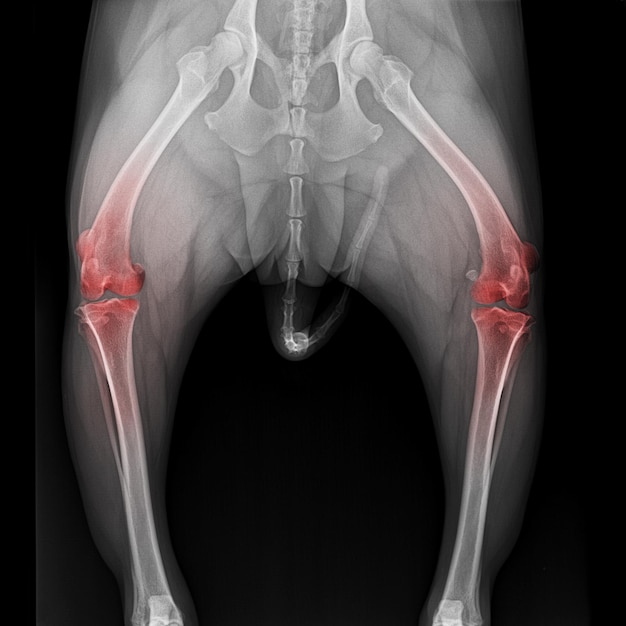 Pelvis de la película de rayos X a la articulación de la rodilla de la vista anterior del perro con resaltado rojo en el área del dolor en la articulación de la rodilla medicina veterinaria y concepto de anatomía veterinaria color blanco y negro