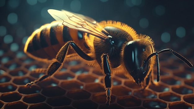 Pelzige Biene auf süßer Wabe mit Kopierraum