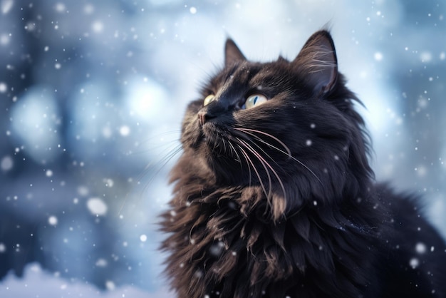 Pelzige schwarze Katze im Winter mit fallendem Schnee