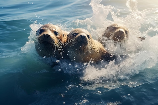 Pelzrobben schauen aus dem Wasser