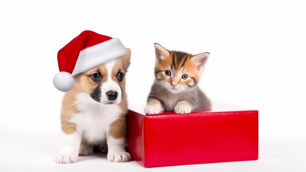 Pembroke Welsh Corgi cachorrinho e gatinho com chapéu de Natal vermelho sentado com caixa de presente
