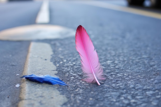 Pena azul caída ao lado de um batom rosa esmagado em uma calçada fria