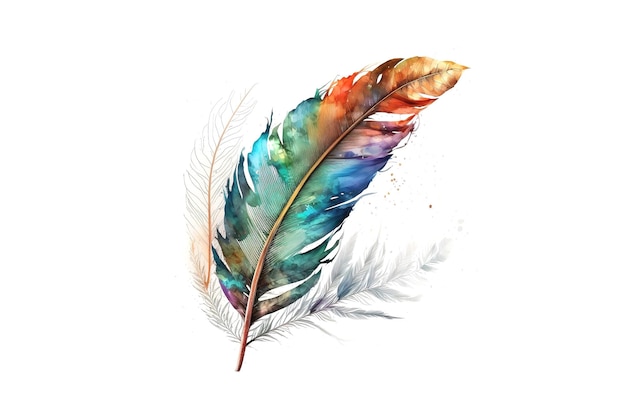 Pena de pássaro desenhada com aquarelas multicoloridas isoladas em fundo branco Gerado por IA