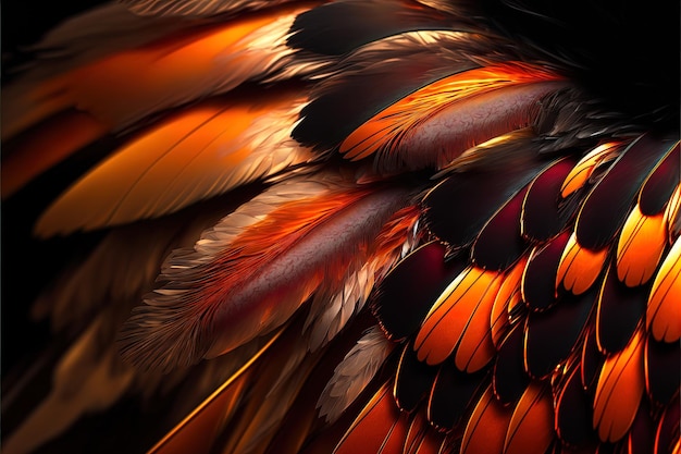 Pena preta marrom vermelha abstrata closeup de fundo de visão macro Textura de plumagem