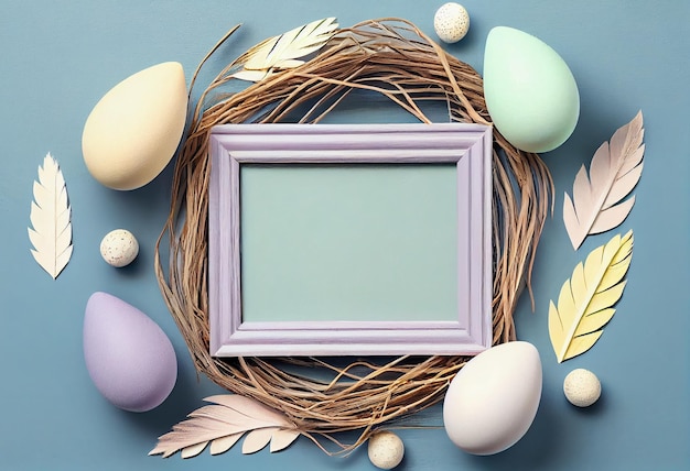 Penas de ovos de Páscoa de quadro em um ninho em um fundo de madeira azul pastel O conceito mínimo Vista superior Cartão com uma cópia do local para o texto Generative Ai