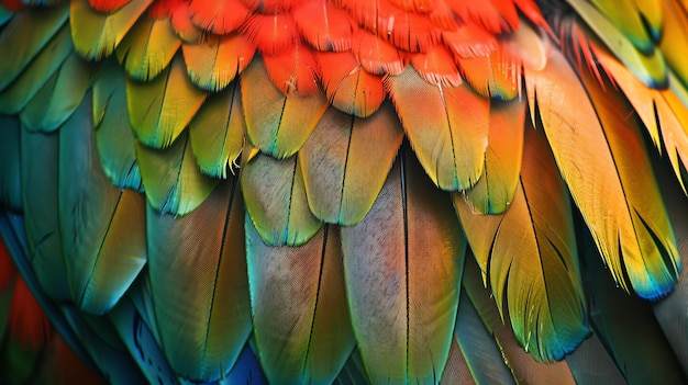 Foto penas de papagaio coloridas de perto penas de papagaio brilhosas penas de aves tropicais textura penas de arara escarlate penas de cor-de-arco-íris