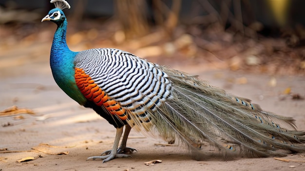 Penas de pássaro pavão cinza closeup na China em pé no chão com um lindo pavão