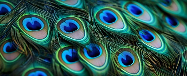 Penas de pavão azuis perto de fundo brilhante o padrão da cauda de pavão