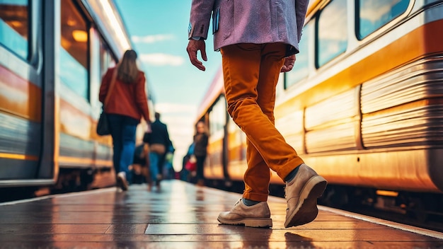 Pendlerbeine, die neben einem Vorstadtzug laufen, Menschen, die öffentliche Verkehrsmittel zwischen Zuhause und