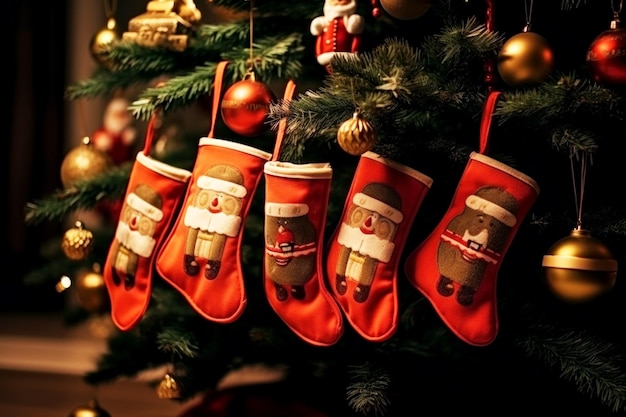 pendurando meias vermelhas de Natal cheias de presentes copie o espaço fundo verde AI generativo