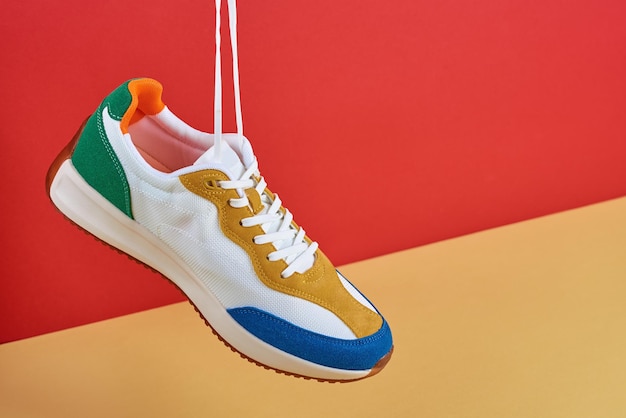 Pendurar tênis da moda em fundo colorido esportes elegantes sapatos casuais criativos minimalistas