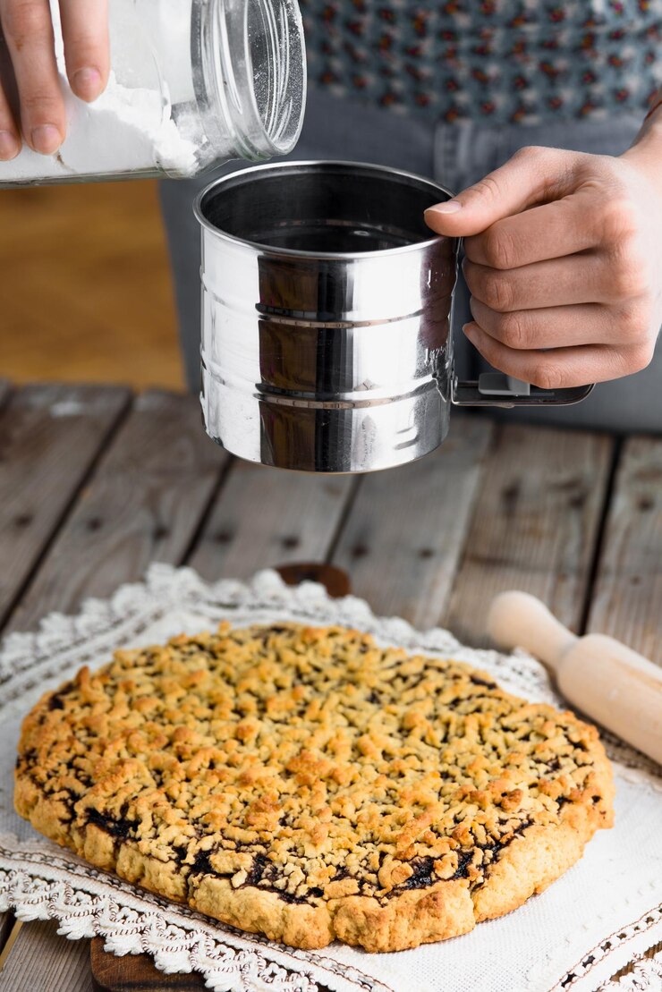 Foto peneire o açúcar de confeiteiro sobre o bolo prepare a sobremesa
