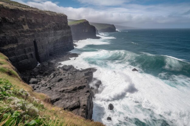 Penhasco costeiro com vista para ondas quebrando e litoral rochoso criado com IA generativa