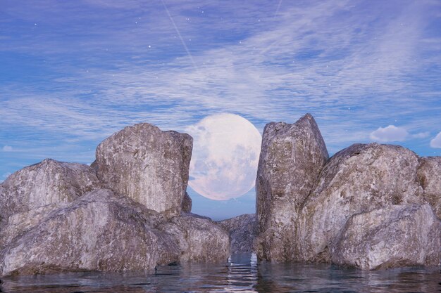 Penhasco de pedra com grande cena de fantasia de lua