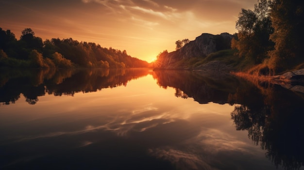 Penhasco e lago sereno ao pôr do sol