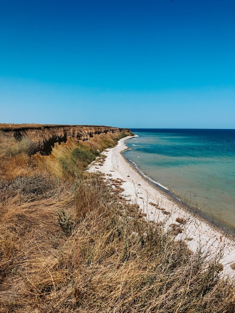 penhasco mar azul água-marinha as ondas alinham a praia ensolarada. onda suave de espuma do oceano.