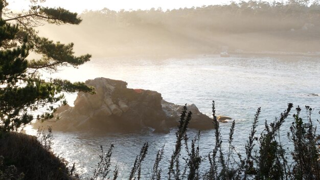 Penhasco rochoso do penhasco oceano praia ponto lobos califórnia costa ondas ao pôr do sol