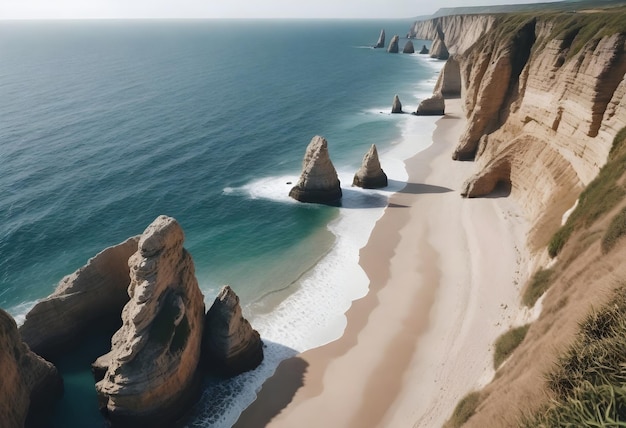 Penhascos costeiros com uma praia de areia e duas formações rochosas no mar durante o dia