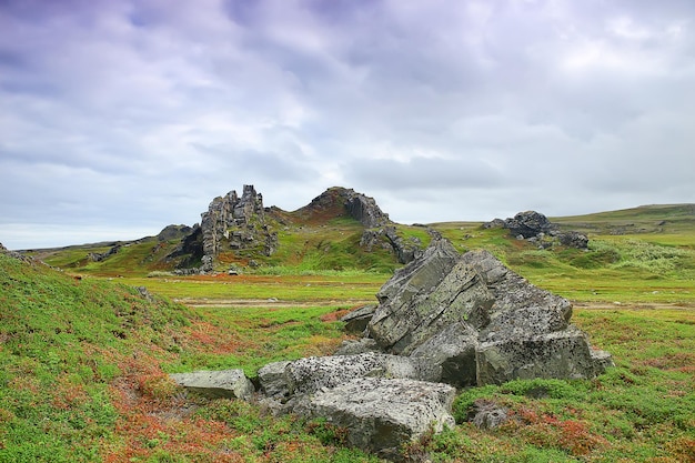 península medio paisaje de pesca kola, montañas y colinas vista de piedras