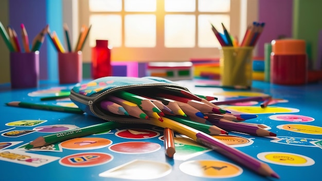 Pênis coloridos com adesivos na mesa azul