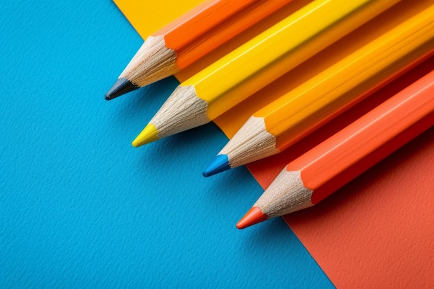 Foto pênis coloridos em fila em fundo azul, amarelo e laranja vista superior de close-up de lápis coloridos afiados conceito escolar de educação fundo criativo