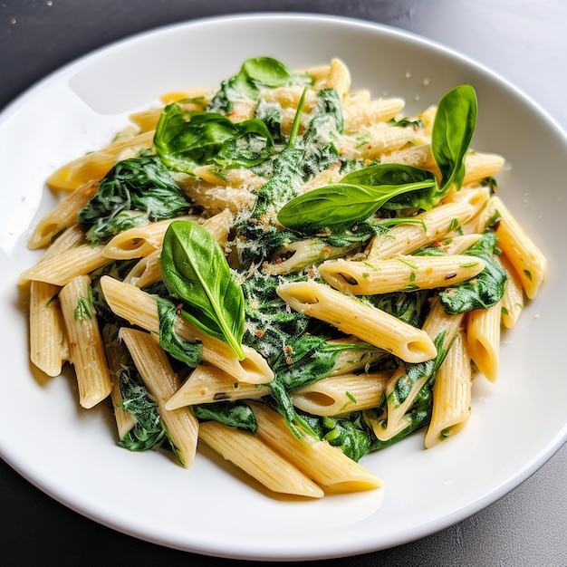 Penne con espinacas y parmesano en un plato