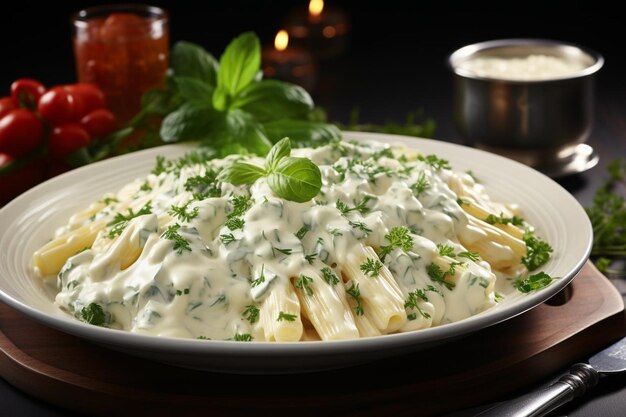 Foto penne exótico con salsa de gorgonzola con crema