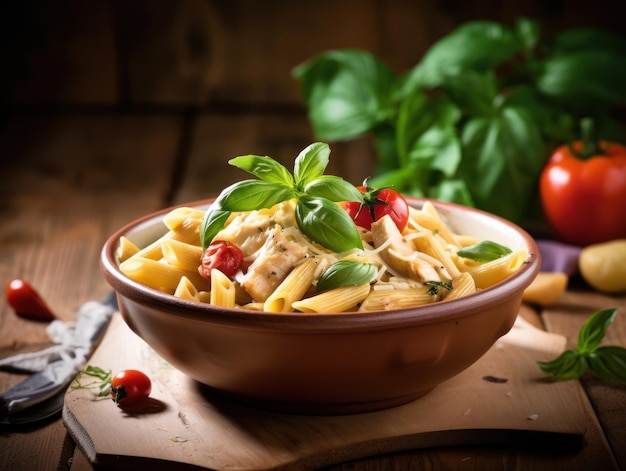 Penne-Nudeln in Tomatensauce mit Hühnchen in einer Schüssel Generative AI