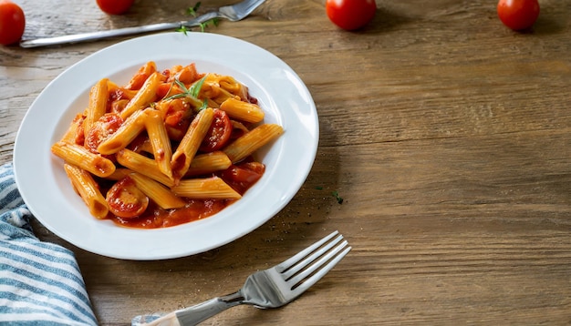 Foto penne-pasta in tomatensauce mit huhn und tomaten