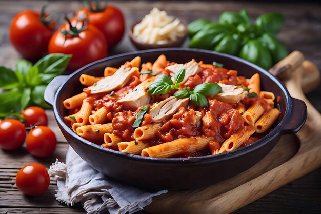 Penne pasta en salsa de tomate con pollo y tomates en una mesa de madera